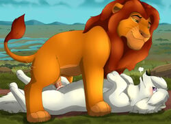 alpha_and_omega bedroom_eyes blush bodily_fluids canid canine canis cum detailed_background disney duo felid female feral genital_fluids genitals interspecies lilly_(alpha_and_omega) lion male mammal mufasa narrowed_eyes orgasm pantherine penile_spines penis seductive sex straight the_lion_king thrusting wolf xxgato