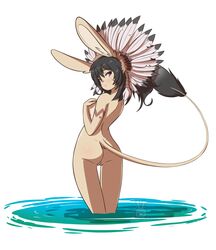 absurd_res aged_up anthro ass bunnybits dipodid female genitals headdress hi_res jerboa looking_back mammal nana_(bunnybits) native_american nude partially_submerged pussy rear_view rodent solo thigh_gap water