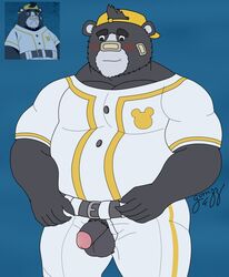 2020 anthro balls baseball_(sport) baseball_uniform belly black_body black_fur blush bottomwear brand_new_animal clothing flaccid fur genitals gorrizz hi_res humanoid_genitalia humanoid_hands humanoid_penis male male_only mammal overweight overweight_male pants penis pubes shirt simple_background solo sport sportswear studio_trigger topwear uniform ursid