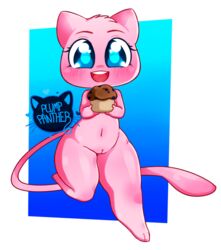 2017 alpha_channel anthro big_eyes blue_background blue_eyes blush eyebrows eyelashes female food front_view fur genitals gradient_background holding_food holding_object legendary_pokemon looking_at_viewer mammal mew muffin navel nintendo nude open_mouth open_smile pink_body pink_fur pink_tail plumppanther_(artist) pokémon_(species) pokemon pokemon_(species) pussy signature simple_background smile straight_hair teeth thick_thighs tongue transparent_background video_games wide_hips