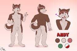 2019 5_fingers accessory andy_(cora) animal_genitalia anthro ass balls canid canine canis character_name domestic_dog fingers fur genitals headband heart hi_res humanoid_hands husky male mammal model_sheet navel nordic_sled_dog one_eye_closed onykr open_mouth pink_tongue red_headband sheath spitz tongue white_headband wink