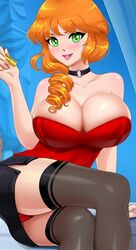 1girls amber_(fap_ceo) black_collar black_skirt black_stockings blonde_hair breasts corset fap_ceo ginger green_eyes miniskirt office_lady pencil_skirt red_corset red_panties secretary sitting skirt skirt_suit stockings tight_skirt upskirt