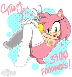 absurd_res amy_rose anthro anus breasts clothing eulipotyphlan eyelashes female fur furry furry_only genitals gesture gloves green_eyes handwear heart hedgehog hi_res legwear looking_at_viewer lying mammal milestone_celebration nipples on_back open_mouth pink_body pink_skin pose pussy sirenstudios smile solo sonic_(series) sonic_the_hedgehog_(series) stockings tail text thank_you v_sign