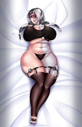 arms_under_breasts black_and_white_hair black_lipstick blush braid braided_hair choker chubby cleavage dakimakura female female_only fishnets garter_straps giantess god_complex goth grey_skin hel_(npczoey) huge_ass huge_breasts looking_away lying_on_back lying_on_bed multicolored_hair namependingcreations npczoey on_back painted_toenails panties pierced_ears plump pointy_ears red_eyes shy skull thick_lips thick_thighs toes tusks voluptuous white_skin