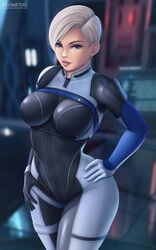 1girls big_breasts blonde_hair blue_eyes bodysuit cora_harper female female_only flowerxl human human_only mass_effect mass_effect_andromeda short_hair smile solo solo_female solo_focus thick_thighs