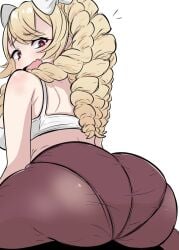 1girl ass ass_focus bare_back bare_shoulders blonde_hair blush bow bra breasts brown_pantyhose crop_top drill_hair fang female female_only fire_emblem fire_emblem_awakening from_behind frown hair_bow hair_ornament highres looking_back looking_down maribelle_(fire_emblem) medium_breasts open_mouth panties panties_under_pantyhose pantyhose pantylines red_eyes ribbon shoulder_blades sitting skin_fang solo tavi_(hosheezus) underwear white_background white_bow white_bra
