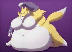 2026 anthro bandai_namco belly big_belly big_breasts breasts cel_shading chubby_cheeks clothing digimon digimon_(species) female fox_tail fur hi_res huge_belly immobile morbidly_obese morbidly_obese_female navel obese obese_female overweight overweight_female renamon shaded signature simple_background solo thick_thighs torn_clothing white-dragon white_body white_fur yellow_body yellow_fur