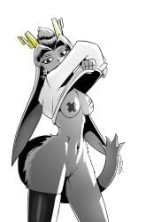 2026 absurd_res accessory anthro antlers biped black_clothing black_legwear black_stockings blue_eyes bovid breasts caprine clothed clothing digital_drawing_(artwork) digital_media_(artwork) eyebrows eyeliner female female_anthro floppy_ears fluffy fur gatonejo goat grey_body grey_fur grey_hair grey_nose hair hair_accessory hair_ring hi_res hip_tuft horn hybrid jackalope lagomorph legwear leporid light long_ears looking_at_viewer lop_ears makeup mammal medium_breasts monotone_body monotone_fur navel neutral_expression nipple_tape partially_clothed partially_clothed_anthro partially_clothed_female pasties ponytail pseudoregalia rabbit shadow signature simple_background standing stockings sweater sybil_(pseudoregalia) tail tail_tuft tape thick_thighs topwear tuft undressing white_background white_clothing white_sweater white_topwear wide_hips yellow_antlers
