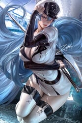 akame_ga_kill! big_breasts blue_hair esdeath_(akame_ga_kill!) female female_only long_hair solo solo_female solo_focus zumi