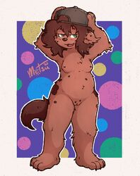 anthro belly border breasts brown_body brown_fur brown_hair brown_nose brown_tail claws clothing dotted_background fangs female fluffy fluffy_ears fluffy_hair fluffy_tail fur genitals green_eyes hair hand_on_head hat_only headgear headwear hi_res hyaenid hyena mammal mostly_nude motsu_(character) motsutambo navel nipples nude pattern_background purple_background pussy simple_background small_breasts smile smirk solo spots spotted_body spotted_fur spotted_hyena standing toe_claws tomboy