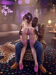 3d ai_generated armchair arms_around_neck asian_female ass ass_focus ass_grab ass_out black_male carl_johnson crossover dark-skinned_male dead_or_alive eastern_and_western_character gangster gold_jewelry grabbing_ass grand_theft_auto grand_theft_auto:_san_andreas high_heels interracial jewelry kasumi_(doa) kunoichi leaning_forward light-skinned_female lingerie los_santos ponytail strip_club stripper vip_room wowzerspowzers