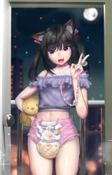 1girls absurd_res abu_bunnyhopps animal_ears balcony black_hair cat_ears catgirl cityscape detailed_background diaper fangs feline glossy glossy_body glossy_skin highres navel outdoors pacifier peace_sign pink_diaper plushie red_eyes soaked_diaper solo standing stuffed_toy sypztep twintails urine used_diaper v wearing_diaper wet_diaper