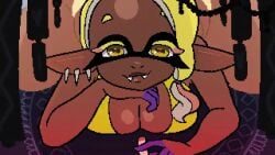1boy 1girls animated animated_image big_breasts bikini breasts cleavage dark-skinned_female dark_skin deep_cut_(splatoon) frye_(splatoon) frye_onaga handjob humanoid humanoid_female inkling inkling_girl light-skinned_male light_skin nintendo small_penis small_penis_adoration splatoon splatoon_(series) splatoon_3 tentacle_hair waffafries yellow_bikini yellow_eyes yellow_hair