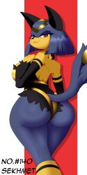 absurd_res anthro big_butt biped blue_body blue_hair breasts butt english_text eyelashes female hair hi_res looking_at_viewer looking_back multicolored_body pal_(species) palworld pocketpair pupils sekhmet_(pal) smile species_name tail text thick_thighs tobitobi90 wide_hips yellow_body