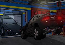 anthro anus black_body bodily_fluids car carsphilic detailed detailed_background digital_media_(artwork) dire_car dire_machine dire_vehicle dripping ejaculation female genital_fluids genitals hi_res leaking leaking_precum leaking_vagina living_car living_machine living_vehicle looking_at_viewer looking_pleasured machine mechanic mirror mirror_reflection mitsubishi mitsubishi_eclipse not_furry precum precum_drip pulley red_eyes reflection smile solo teeth tire vaginal_fluids vaginal_squirting vehicle vulva wheel