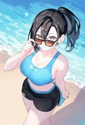 1girls adjusting_eyewear ai_generated alternate_costume bare_shoulders beach bike_shorts black_hair black_shorts blue_sports_bra breasts cleavage clothing crop_top eyewear female from_above grey_eyes hair_between_eyes large_breasts long_hair looking_at_viewer looking_over_eyewear midriff ocean outdoors ponytail sand short_shorts shorts solo sparkle sports_bra sunglasses tinted_eyewear water wii_fit wii_fit_trainer wii_fit_trainer_(female)