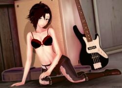 1girls arrancon black_hair black_hair_female guitar half-dressed half_naked half_naked_female pose posing punk_rock red_highlights ripped_pants ruby_rose rwby silver_eyes solo_female