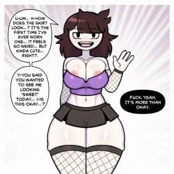1:1_aspect_ratio about_to_burst areola_slip areolae bandeau bangs barely_contained barely_contained_breasts barely_fits black_clothes black_eyes black_skirt blunt_bangs breasts breasts_too_big brown_hair bursting_breasts cleavage clothing colored_skin crop_top curvaceous detached_sleeves english_language english_text female fishnet_legwear fishnet_thighhighs fishnets hand_up huge_breasts imminent_wardrobe_malfunction inconvenient_boobs inconvenient_breasts jaiden jaiden_(jaiden_animations) jaiden_animations jaidenanimations large_breasts legwear looking_at_viewer medium_hair microskirt midriff miniskirt navel open_mouth pale_skin pleated_skirt purple_shirt sexy_pose shirt skindentation skirt slender_waist smile solo speech_bubble steca strapless strapless_shirt teeth text thelazyart thick thick_legs thick_thighs thighhighs thighs tight_fit too_tight tubetop undersized_clothes undersized_clothing upper_teeth upper_teeth_only wardrobe_malfunction waving white_skin wide_hips youtube youtuber youtuber_character youtuber_girl youtubers