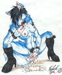 anthro black_hair blue_body blue_fur bodily_fluids boots breasts canid canine clothing ear_piercing ear_ring female fenrir_lunaris finger_fetish finger_lick finger_play fingers footwear fur genitals hair licking looking_at_viewer low_res mammal masturbation nipples nude piercing pubes pussy tongue tongue_out