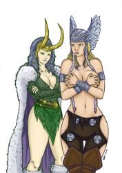 2girls asgardian bare_legs bare_thighs belly_button big_breasts blonde_hair breasts cleavage color colored covering_breasts covering_nipples female female_only genderswap_(mtf) hawkgirl_(artist) helmet hips huge_breasts lady_loki light-skinned_female light_skin loki_(marvel) marvel marvel_comics navel rule_63 sisters stepsister thick_thighs thighs thor_(marvel) thor_(series) topless topless_female transparent_background waist wide_hips