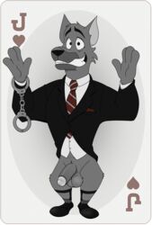 ace_hart anthro balls big_balls big_penis black_tie_(suit) bottomless canid canine canis clothed clothing dog_city domestic_dog fur genitals german_shepherd handcuffs herding_dog hi_res humanoid_genitalia humanoid_penis jack_of_hearts looking_at_viewer male male_only mammal muscular necktie neenya pastoral_dog penis playing_card shackles simple_background smile sock_garters solo suit teeth topwear transparent_background