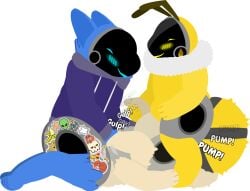 anal antennae_(anatomy) anthro arthropod arthropod_abdomen bee belly_to_belly blush bodily_fluids bottomless clothed clothing cum cum_in_mouth cum_inside egg egg_inflation fellatio female genital_fluids group hi_res honeypot_(tf2_demo_2004) hoodie hoodie_only hybrid hymenopteran impregnation inflation insects kneeling lepidopteran lying machine male male/female male/male male_impregnation mocha_(tf2_demo_2004) moth on_back onomatopoeia oral penile pregnant pregnant_male protogen sex size_difference sound_effects spitroast stickerboard_(tf2_demo_2004) stickers_on_body text tf2_demo_2004 topwear topwear_only trio