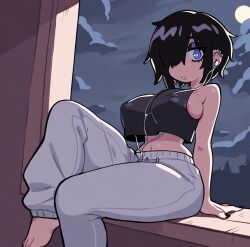 ai_generated black_hair cute cute_face ear_piercing emo female female_focus female_only hot massive_ass massive_breasts medium_hair peircings purple_eyes