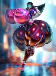 1girls android blurry_background breasts cropped_jacket female full_body gigantic_breasts glowing_eyes green_eyes grin huge_areolae hyper_ass hyper_breasts jacket looking_at_viewer mechabare mechanical mega_man mega_man_legends metal_hair metallic_body noonun outdoors puffy_nipples robot_girl shiny_skin solo sparkles standing standing_on_one_leg thick_thighs thigh_boots tron_bonne very_long_hair