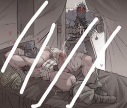 2boys armpit_hair armpits bandage bandaged_arm bandaged_chest bandaged_leg bandages blush blush_lines caught caught_cumming caught_in_the_act caught_masturbating caught_naked caught_while_cumming cum cumshot heart hearts_around_body hearts_around_head helmet male/male male_only masked masked_male masked_men masturbating masturbation on_bed pants_down pubes pubic_hair wdp66281167