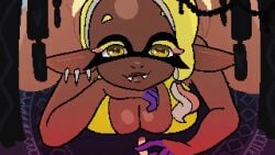 1boy 1girls animated animated_image big_breasts breasts cleavage dark-skinned_female dark_skin deep_cut_(splatoon) frye_(splatoon) frye_onaga handjob humanoid humanoid_female inkling inkling_girl licking_penis light-skinned_male light_skin long_tongue nintendo purple_tongue small_penis small_penis_adoration splatoon splatoon_(series) splatoon_3 tentacle_hair tongue tongue_on_penis tongue_out tongueplay waffafries yellow_eyes yellow_hair