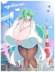 1girls bangs blush breasts_bigger_than_head busty cleavage cleavage_overflow commission earings enormous_breasts giantess gigantic_breasts glasses green_eyes green_hair hair_clips huge_breasts hyper_breasts jet large_breasts lipstick long_hair nymph_0010 office_lady open_mouth original original_character outlines ponytail red_glasses reflection smoke solo solo_female standing stealth_bomber voluptuous