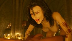 1boy 1girls 3d black_hair blood completely_nude daz_studio female flaccid_penis horror jenlapa male nude original penis vampire vampire_girl