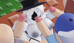 1girls 3boys 3d animated areolae artful_(die_of_death) big_breasts big_penis black_hat blowjob blowjob_face breasts civilian_(die_of_death) die_of_death_(roblox) double_handjob foursome fr*nch genderswap_(mtf) handjob hat light_skin mask mmmf_foursome music nipples on_knees oral paizufella paizuri paizuri_fellatio penis roblox roblox_game robloxian rule_63 shorter_than_30_seconds sound southsets standing tagme taunt_(die_of_death) video white_hair white_skin