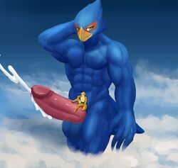 2020 anthro avian bird blue_body blue_fur bodily_fluids brown_body brown_fur canid canine cloud cum duo falco_lombardi fox fox_mccloud fur genital_fluids genitals hand_behind_head hi_res humanoid_genitalia humanoid_penis macro male male/male male_only mammal micro muscular nintendo penis sky solutionwcs star_fox video_games