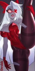 1girls ai_generated angel angel_girl artist_name athletic athletic_female big_breasts breasts bunnysuit cameltoe colored_sclera colored_skin curvy curvy_figure deskk eye_patch female femdom fingers glasses gloves grey_body hair hair_over_one_eye hazbin_hotel hi_res light-skinned_male long_hair looking_up one_leg_up red_bow red_gloves red_lipstick red_suit sexy smug stockings sweat thick_thighs thighhighs thin_waist vaggie_(hazbin_hotel) vivziepop white_hair wide_hips