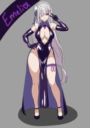 1girls 2025 armwear cleavage condom condom_belt double_slit_dress dress elbow_gloves emilia_(re:zero) female female_only filled_condom gloves heart-shaped_pupils heart_eyes hi_res high_heels long_gloves re:zero_kara_hajimeru_isekai_seikatsu revealing_clothes shiny_clothes solo solo_female swisschocoart thigh_strap tight_clothing used_condom used_condoms v_sign