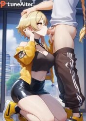 1boy 1girls aether_(genshin_impact) ai_generated belly_button big_ass big_breasts big_butt big_penis big_thighs black_skirt black_topwear blonde_female blonde_hair blonde_male blowjob blush brother_and_sister daytime exposed_penis female female_focus genshin_impact holding_head holding_penis hoyoverse incest light-skinned_male light_skin long_hair looking_at_partner lumine_(genshin_impact) lunealter male male/female mature_female mature_male mihoyo on_knees pale-skinned_female pale_skin pants_down short_hair thick_ass thick_butt thick_hips thick_legs thick_penis thick_thighs yellow_eyes