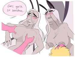 2girls areolae big_breasts blonde_female blonde_hair blush blushing_female boob_grab closed_eyes fondling fondling_breast fondling_breasts grey_skin idolomantises lesbian_sex moth nervous nude nude_female nudity pink_skin sucking_nipples sweat sweating sweaty tagme text_bubble white_hair yuri