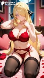 1girls 2026 ai_assisted ai_generated anime artist_name bed bed_sheet big_breasts blonde_hair bouquet breasts bust busty cynthia_(pokemon) explicit female female_only flower garter_belt gift gift_box hair_over_one_eye hi_res high_quality high_resolution highres indoors large_breasts lingerie long_hair navel night on_bed patreon patreon_username pillow pokemon red_bra red_flower red_rose rose rose_petals skypassion solo stable_diffusion underwear valentine's_day valentines_day watermark window