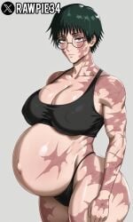 ai-created ai_art ai_assisted ai_generated baby_bump big_ass big_breasts big_butt big_thighs big_titties body_markings busty_female busty_girl glasses green_hair hourglass_figure hourglass_figured_female jjk jujutsu_kaisen maki_zenin muscular muscular_female phat_ass pregnant pregnant_belly pregnant_female rawpie34 scar showing strong_arms strong_female zenin_maki