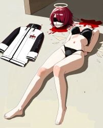 arknights arms_behind_back beheaded beheading black_lingerie bleeding_nose blindfold blindfolded blood choysakanto cleave_gag dead death decapitated_head decapitation defeat defeated extreme_content exusiai_(arknights) female female_death gagged gagged_female gore guro halo headless hypergryph lace-trimmed_bra lace-trimmed_panties lace_trim laying_on_ground ms_paint murdered nosebleed red_hair red_hair　short_hair rework severed_head short_hair snuff uniform