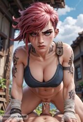 1boy abs ai_generated arcane arcane_vi arm_tattoo artist_name asymmetrical_hair bandaged_arm bandaged_hand bandages blue_eyes blurry blurry_background bottomless breasts cleavage cloud collarbone cowgirl_position cum cum_in_pussy day ear_piercing earrings eyebrow_cut female female_pubic_hair jewelry large_breasts league_of_legends lips looking_at_viewer male_pubic_hair muscular muscular_female navel outdoors patreon_username penis piercing pink_hair pov pov_crotch pubic_hair pussy red_hair scar sex short_hair shoulder_tattoo sidecut sky solo_focus straddling straight tattoo uncensored undercut vaginal_penetration veins vi watermark web_address wrist_wrap xadrid