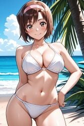 1girl ai-created ai_generated ass_visible_through_thighs bare_arms bare_shoulders beach bikini blue_sky blush breasts brown_eyes brown_hair cleavage closed_mouth cloud collarbone contrapposto cowboy_shot day devilman female groin hairband halterneck hand_on_own_hip horizon large_breasts looking_at_viewer medium_breasts miki_makimura navel ocean outdoors palm_leaf palm_tree pink_hairband pixiv rena_aikawa_(pixiv_user) short_hair sky smile solo stable_diffusion standing stomach string_bikini swimsuit thighs tree water white_bikini