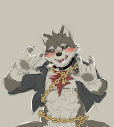 1boy abs ahe_gao alphsbeep anthro black_sclera blush bodily_fluids bottomless canid canine canis chains clothed clothing domestic_dog drooling fur garmr gesture hi_res looking_pleasured male male_only mammal multicolored_body multicolored_fur muscular muscular_male nipples pecs saliva solo sweat tokyo_afterschool_summoners tongue two_tone_body two_tone_fur v video_games yellow_eyes