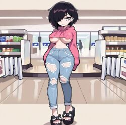 ai_generated black_hair cute cute_face ear_piercing emo female female_focus female_only hot massive_ass massive_breasts medium_hair peircings purple_eyes
