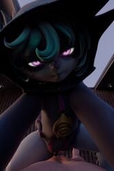 3d absurd_res bahamut0 blender blue_hair blue_skin bottomless close-up cowgirl cum cum_in_pussy fur glowing_eyes league_of_legends long_ears long_sleeves looking_at_viewer penetration petite pov purple_eyes riding sex short_hair shortstack small_breasts smaller_female topwear vex_(league_of_legends) yordle
