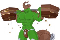 3:2 alpha_channel anthro arthropod beetle bodily_fluids bulge clothing exercise flaccid horn insects jockstrap kragg lifting male male_only muscular muscular_male nipples notkastar pecs rivals_of_aether signature simple_background solo sweat underwear video_games workout