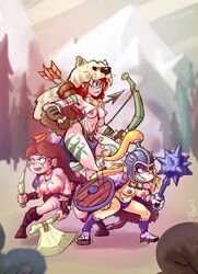 3girls alternate_breast_size armor arrow axe barbarian blonde_hair boots bow bow_(weapon) breasts brown_hair casual dagger disney disney_channel dungeons_and_dragons female female_only footwear furs gravity_falls handwear human hunter mabel_pines mace multiple_girls nipples orange_hair pacifica_northwest panties pelts profit quiver ranger redhead rogue shield straight_hair thick_thighs thighs topless weapon wendy_corduroy