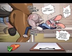 ambiguous_penetration anthro anthro_penetrating ass balls biped blush bottomless bubble_butt butt_crack clothed clothing detailed_background dialogue disney equid equine eyelashes female female_penetrated genitals hi_res horse inside interspecies judy_hopps lagomorph larger_male leporid lollipopcon male male/female male_penetrating mammal partial_male penetration penile penile_penetration pupils rabbit sex size_difference smaller_female smaller_penetrated smile speech_bubble stomach_bulge text thick_thighs topwear vaginal_penetration zootopia