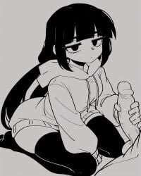 1boy 1girls absurd_res ai_generated black_eyes black_hair black_stockings bottomless duo emotionless expressionless falsegate gray_background gray_hoodie grey_skin hand_on_penis handjob highres hood_down hoodie inabakumori kneeling large_penis long_hair monochrome mv_character on_knees osage-chan penis self_upload small_breasts solid_color_background stable_diffusion stockings straight thick_thighs twintails wide_hips
